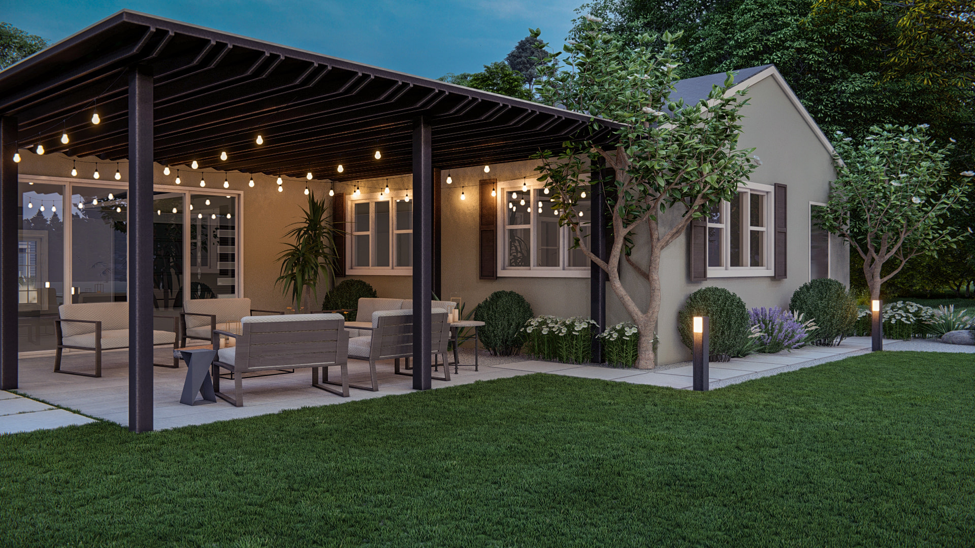Homely Design-lakeside-home-evening-patio-pergola-view